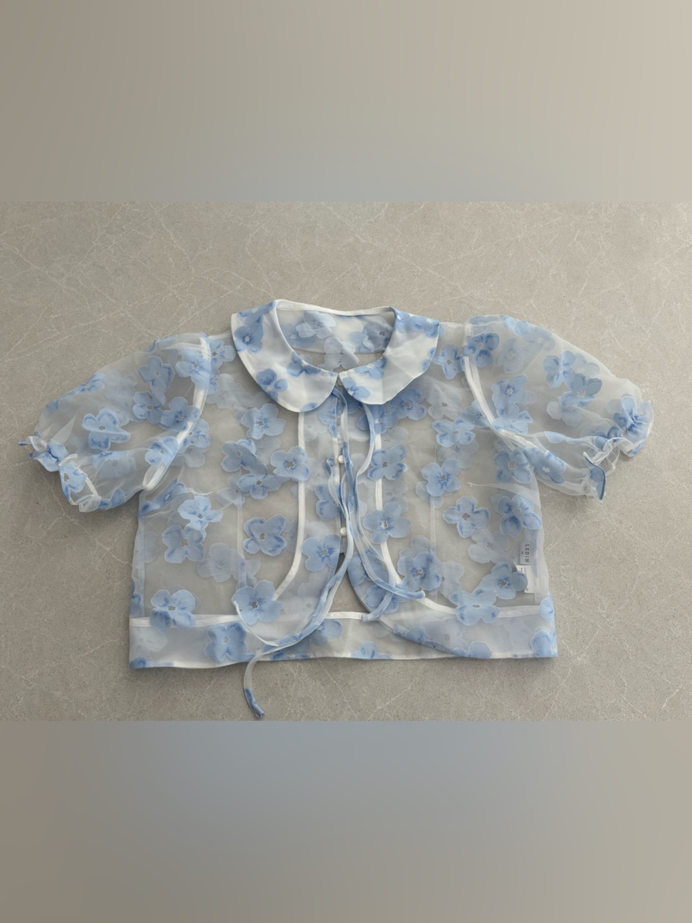 LEDIN Blue Floral Sheer Organza Cropped Blouse Puff Sleeve Medium Peter Pan